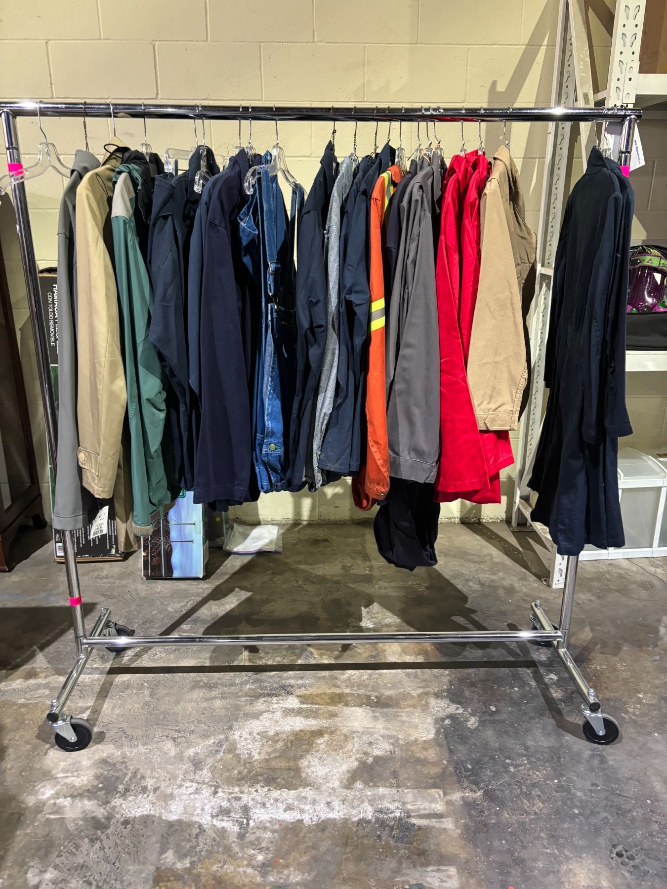 RACK OF ASSORTED CLOTHING INCLUDING; JACKETS, OVERALLS & INDUSTRIAL ...