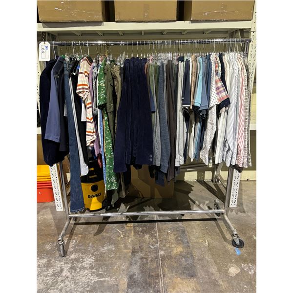 RACK OF ASSORTED CLOTHING INCLUDING; SHIRTS, PANTS, JACKETS & MORE (RACK INCLUDED)