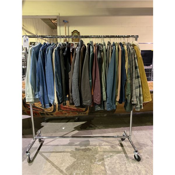 RACK OF ASSORTED CLOTHING INCLUDING; JACKETS & VESTS (RACK INCLUDED)