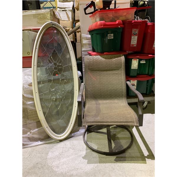 OVAL SHAPED LEAD GLASS WINDOW DOUBLE PANED  AND OUTDOOR SWIVEL CHAIR