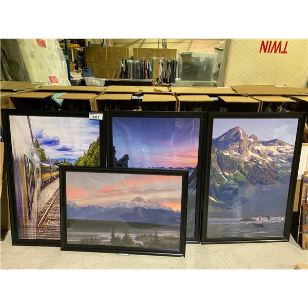 LOT OF 4 FRAMED NATURE SCENE PRINTS APPROX 27"X 39"- 30"X43" *FRAME DAMAGE*