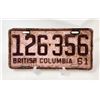 Image 1 : 1961 British Columbia License Plate