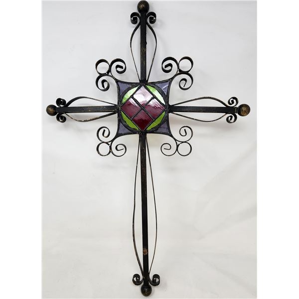 Vintage Stained Glass and Wrought Iron Cross
