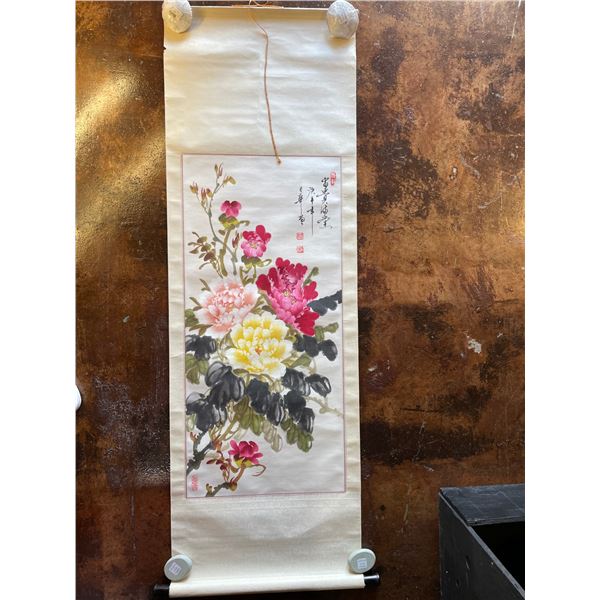 Vintage Pink Flower Asian Scroll