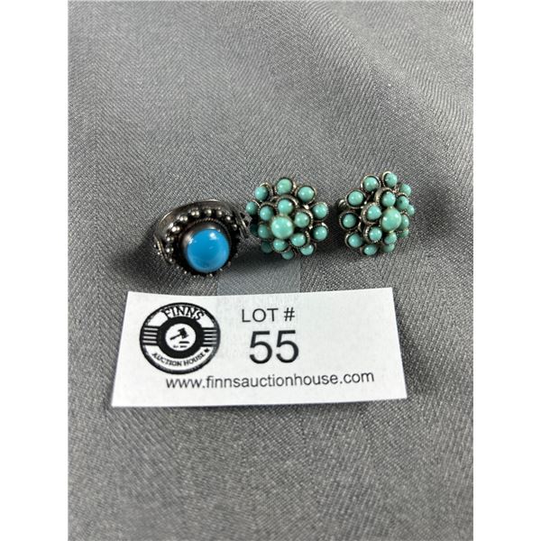 Vintage 925 Sterling Ring with Turquoise Stone & Screw back Earring with Turquoise Stones