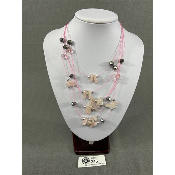 Lovely 6 Strand Rose Quartz Stones & Black& Clear Crystal Beads Necklace