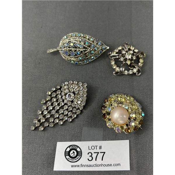 4 Vintage Rhinestone Brooches 2 have 1 Stone Missing