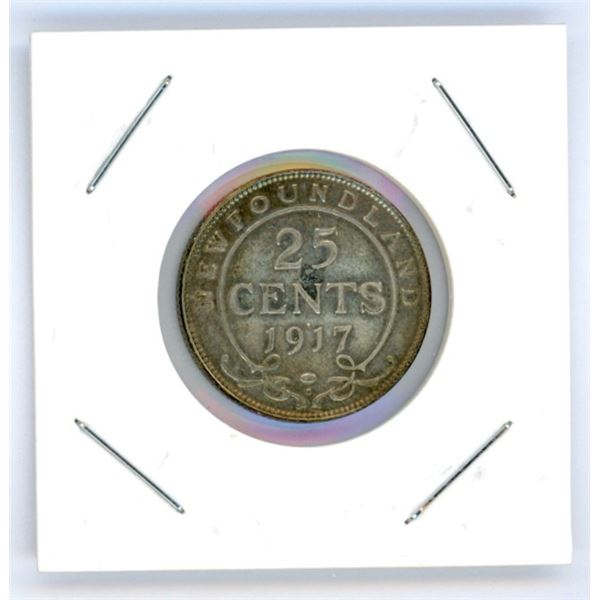 1917 Canadian Silver Newfoundland 25 Cent Coin