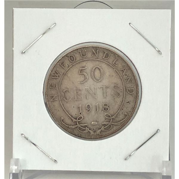 1918 Canadian Silver 50 Cent Newfoundland Coin