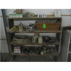 MISC PAINT GUN PARTS, RESPIRATORS, HOSES, W/SHELF