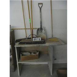 WOOD TABLE, BROOMS & SHELVING