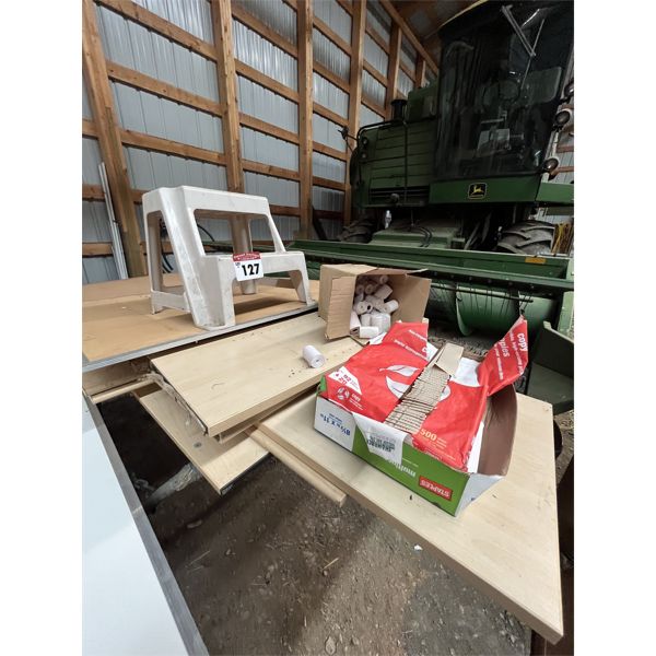 Desk sm. Step stool, calculator tape, small cork board.
