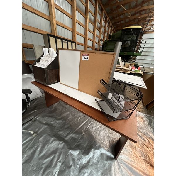 Desk, Cork and white board (small), file sorter, maps.