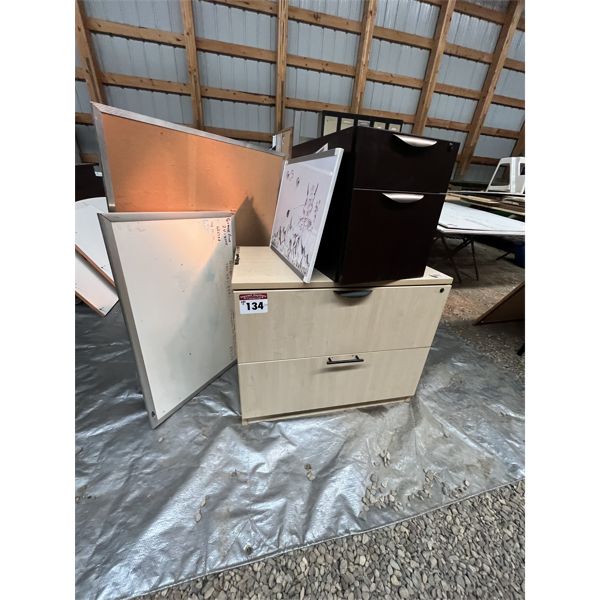 2 Drawer office cabinets, 2 white boards, 1 cork