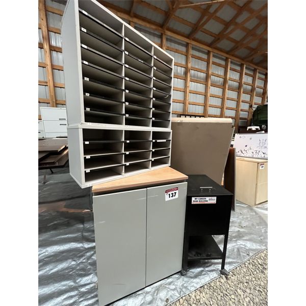 2 office cabinets, 2 mail boxes, 2 cork boards, 1 white board.