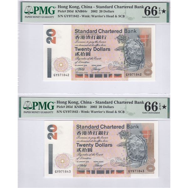 Standard Chartered Bank, 2002, $20, lot of 2Consecutive, GY971842-43. Both PMG 66EPQ. Star.
