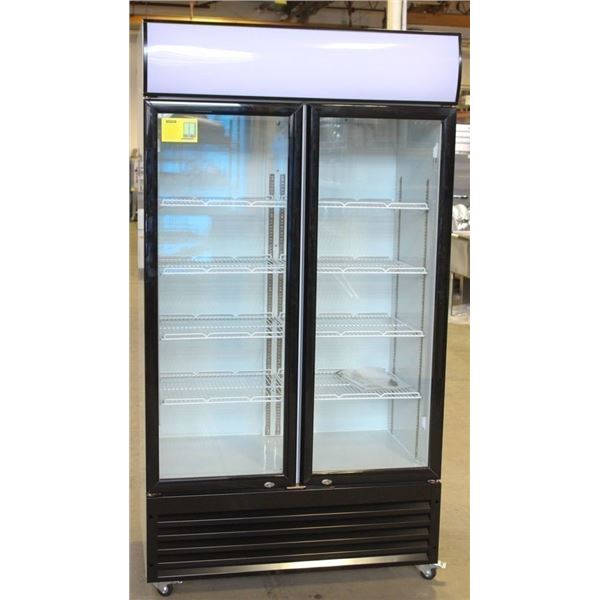 NEW 862L UPRIGHT HINGED DOUBLE GLASS DOOR COOLER