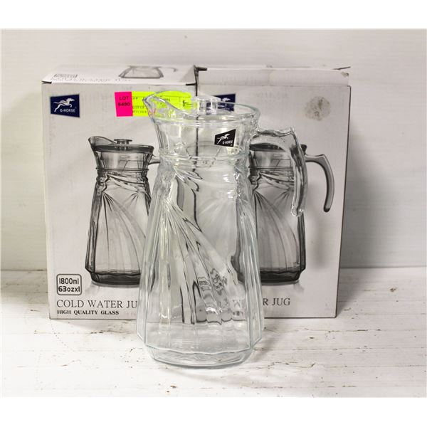 LOT OF 2 NEW 1800ML GLASS PITCHERS W/ LIDS