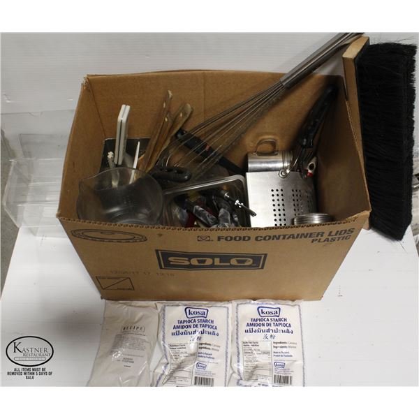 BOX OF MISCELLANEOUS KITCHEN ITEMS & UTENSILS