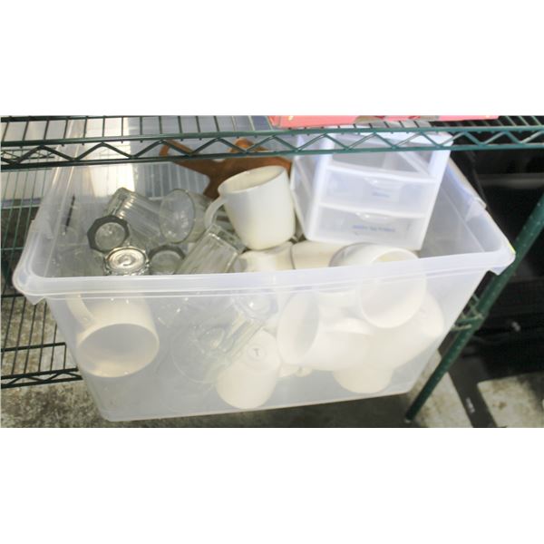 TOTE OF STARBUCKS CUPS  AND CLEAR GLASSES VARIOUS