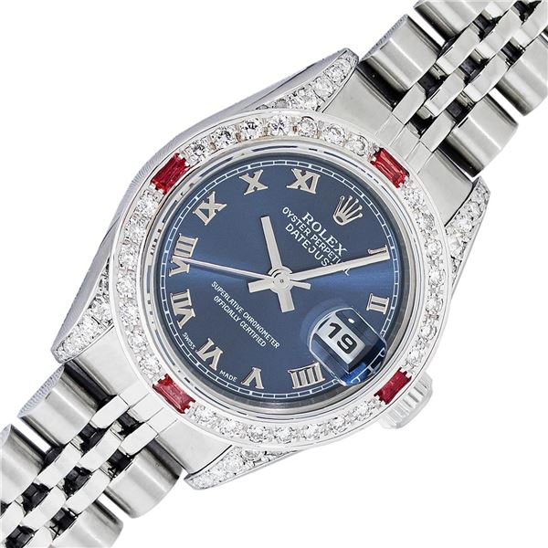 Rolex Quickset Blue Roman Dial Diamond And Ruby Datejust Wristwatch