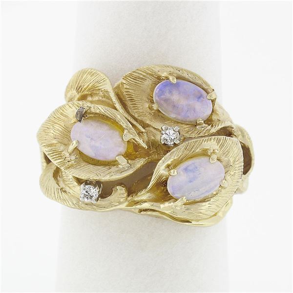 Vintage 14K Yellow Gold Opal & Diamond Open Textured Flower Leaf Cocktail Ring