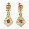 Image 5 : 18k Yellow Gold 5.76 ctw Oval Vivid Red Ruby & Round Pave Diamond Drop Earrings