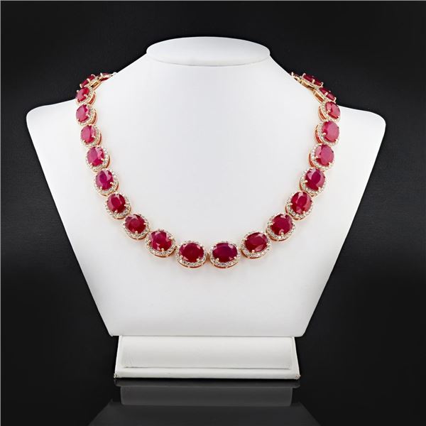 127.44 ctw Ruby and 12.63 ctw Diamond 14K Yellow Gold Necklace