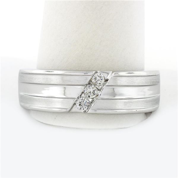 Men's 14k White Gold LEOï¿½ Diamond Diagonal Channel Grooved Wedding Band Ring
