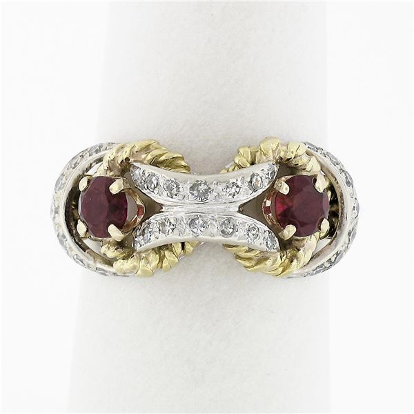 Vintage 18k TT Gold 0.27 ctw Diamond Red Stone Bug Eye Twisted Wire Cocktail Rin