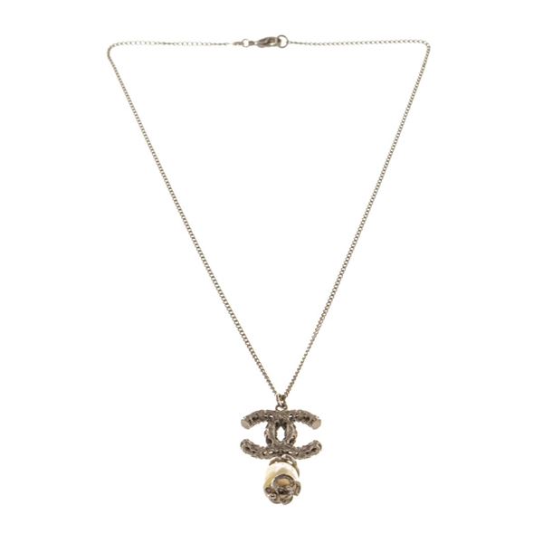 Chanel Silver CC Logo Pearl Drop Necklace