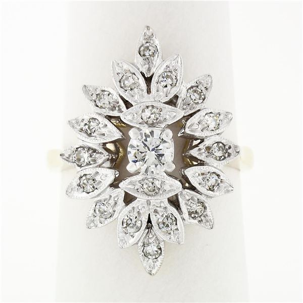 Vintage 14k White Yellow Gold .62 ctw Round Diamond Spray Cluster Cocktail Ring