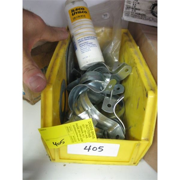 LOT OF METAL CABLE STRAPS, BOX COVERS & A BOTTLE OF DE-OX-8OZ OXIDE INHIBITOR