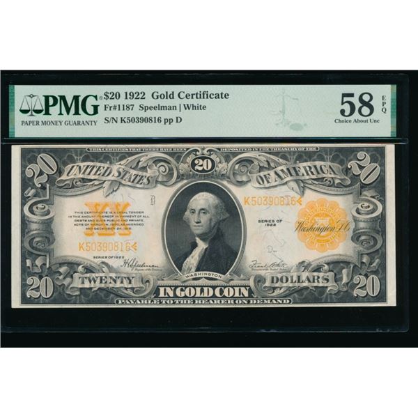 1922 $20 Gold Certificate PMG 58EPQ