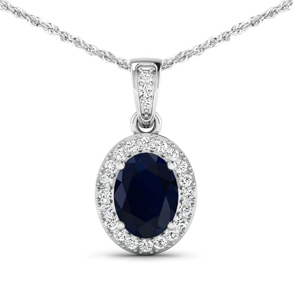 14KT White Gold 1.30ct Blue Sapphire and Diamond Pendant with Chain