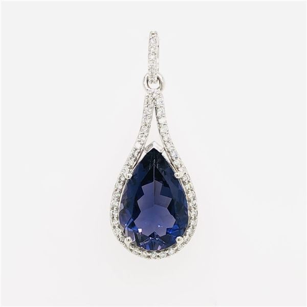 Raindrop-Shaped Iolite and Diamond Halo Pendant