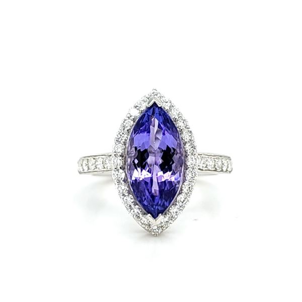 Navette-Shaped Tanzanite and Diamond Halo Ring