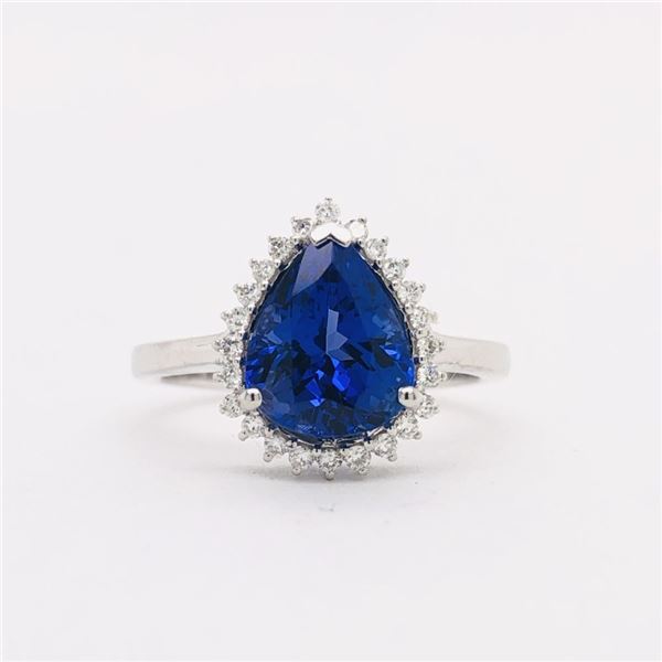 Pear-Shaped Tanzanite and Diamond Halo Ring