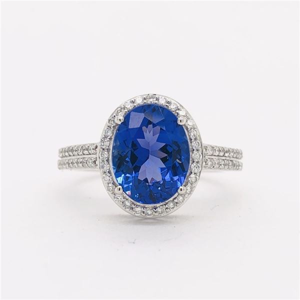 Tanzanite Ring with Diamond Halo and Shoulders