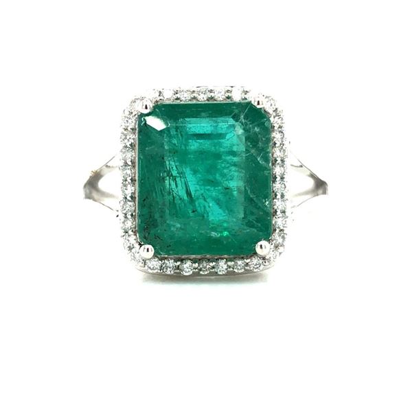 Emerald-Cut Zambian Emerald and Diamond Halo Ring