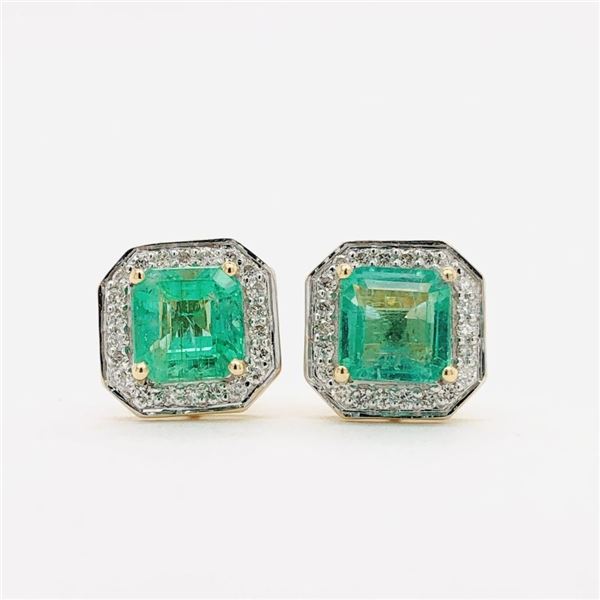 Emerald-Cut Emerald and Diamond Halo Earrings