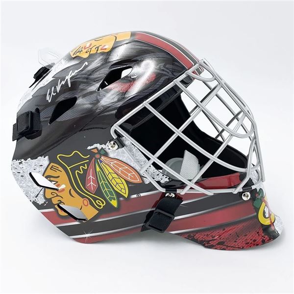 ED BELFOUR SIGNED CHICAGO BLACKHAWKS FULL SIZE GOALIE MASK (FROZEN POND COA)