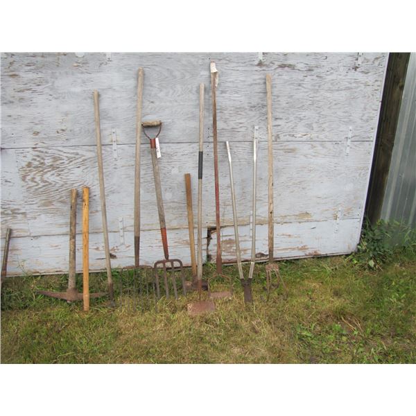 lot with pickaxe , forks , garden tools Etcetera