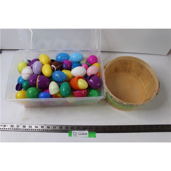 Box of Plastic Easter Eggs and Basket