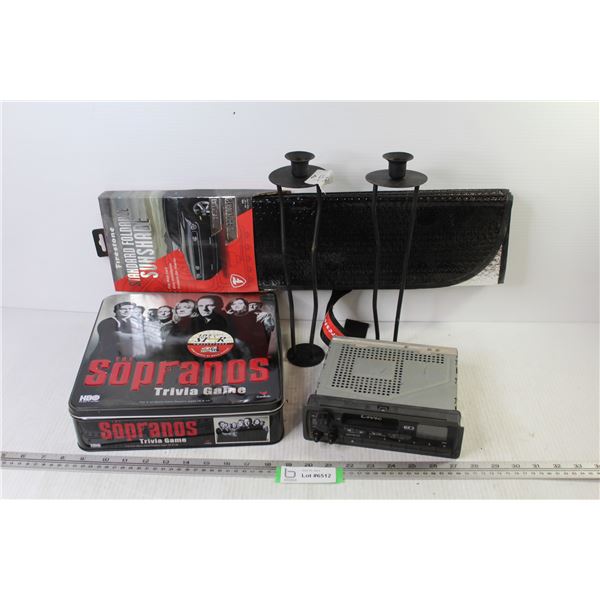 Sopranos Trivia Game - (2) Candle Holders - Civic Car Cassette Player - Firestone Foldable Sun Shade