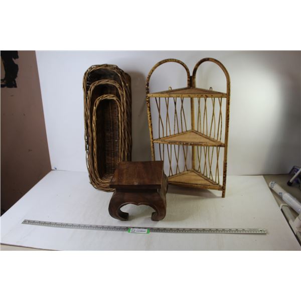 Wooden Stand - (3) Wicker Baskets - Bamboo Shelf/Stand