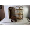 Image 1 : Wooden Stand - (3) Wicker Baskets - Bamboo Shelf/Stand