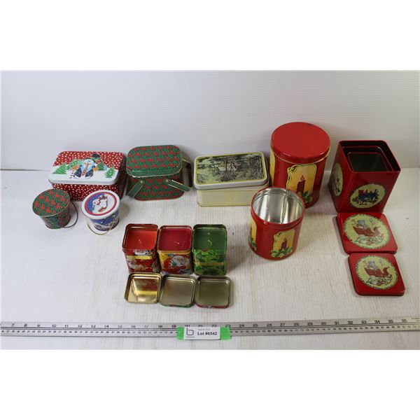 (3) Christmas Candles + (10) Tin Containers