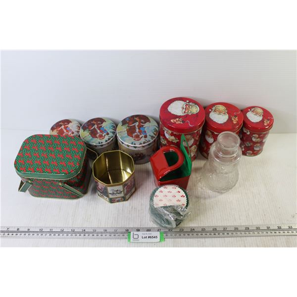 (8) Christmas Tins (1) without Lid + Coasters + Snowman Glass