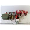 Image 1 : (8) Christmas Tins (1) without Lid + Coasters + Snowman Glass